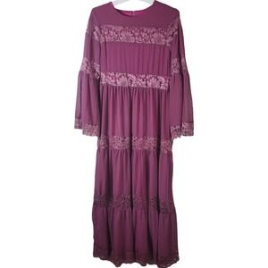 Moda Zumra Lace Trim Tiered Women Maxi Dress Sz 44 or XL or 14 Boho Cottagecore